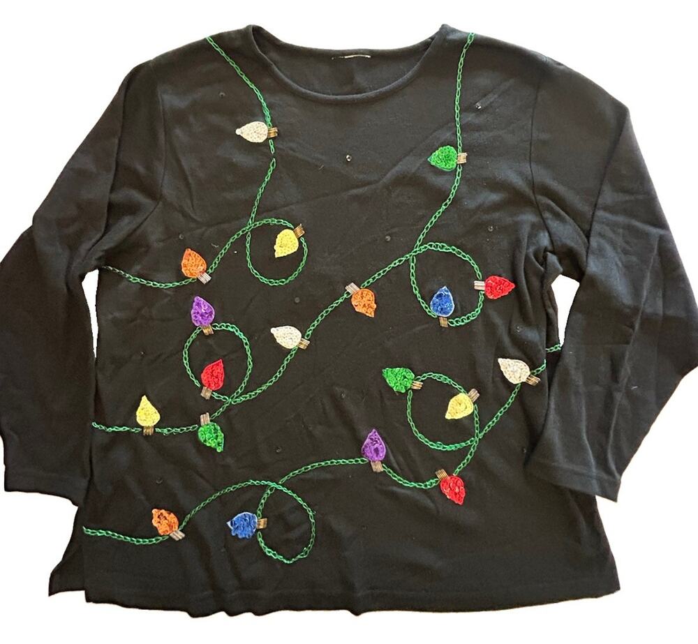Quacker Factory Black Christmas Shirt Sequined Lights Holiday Colorful Size 1X